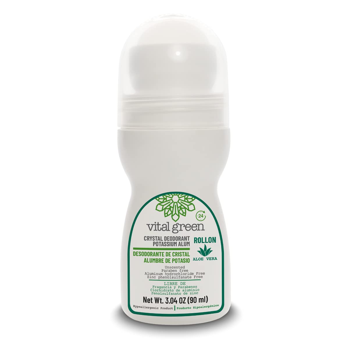 Vital Green Roll On Deodorant of Potassium Alum with Aloe Vera - For sensitive skin - Eliminates bad odor and does not stain - 3.04 Fl Oz / 90 ml (1 Unit)