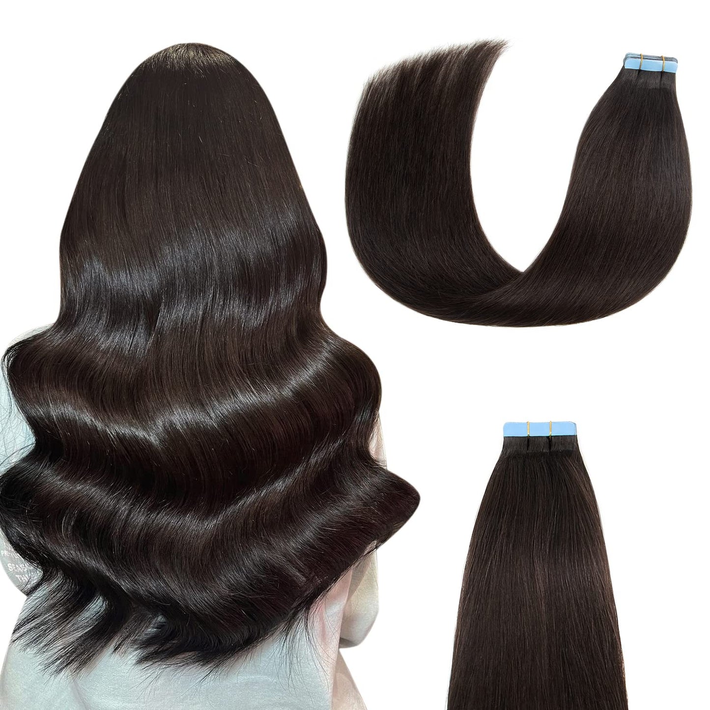 AGMITY Tape in Hair Extensions 100% Remy Human Hair Natural Black 24 inches 20pcs 50Gram Invisible Straight Seamless Thick Weft Real Human Hair Extensions Tape in(24 inches #1B Off Black)