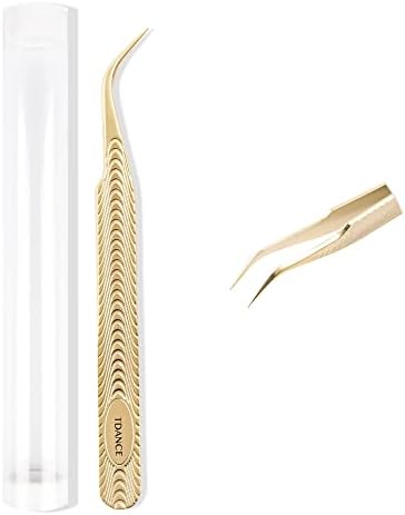 TDANCE Lash Tweezers For Eyelash Extensions Fiber Tip Lash Tweezers Curved Lash Extension Tweezers Volume Lash Tweezers Stainless Steel (Golden-T3,1Pcs)