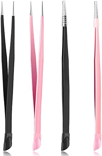 4 Pieces Straight Nail Tweezers Probe Tips Metal Tweezers with Silicone Pressing Head for Nail, 3D Water Stickers Picking Gems Rhinestones Acrylic Gel Stickers Eyelash Extensions, Nail Tools