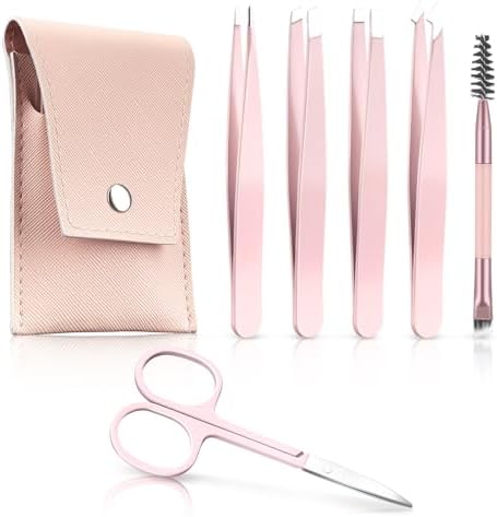 6 Pcs Eyebrow Tweezer Set, Tweezers Set for Women, Precision Tweezer for Eyebrows with Curved Scissors, Eyebrow Grooming Kit for Ingrown Hair, with Leather Case, Pink