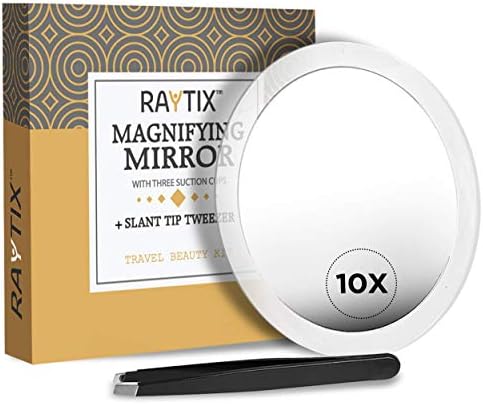 10X Magnifying Mirror & Slant Tweezers Set Makeup Application & Eyebrow Removal Essentials | Round Mirror With 3 Suction Cups & Stainless Steel Slant Tip Tweezer Use for Makeup Application 6 Inch