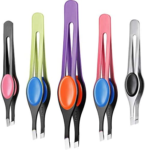 Chumia 5 Pieces Non-Slip Grip Tweezers Slanted Tip Stainless Steel Tweezer Wide Precision Tip Clip Tweezer for Ingrown Hair Eyebrow Shaping Splinter Blackhead Remover (Colorful Rubber Grip)