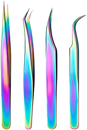 UUYYEO 4 Pcs Stainless Steel Lash Tweezers Eyelash Extension Tweezers Precision Eye Lash Tweezers Curved Volume Eyelash Tweezers Curved Tip Lash Tweezers