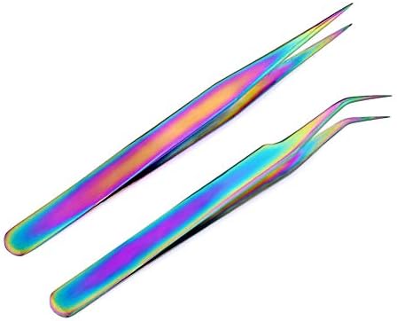 Aysekone 2 Pcs Rainbow Stainless Steel Curved Tweezers + Straight Tweezer for Rhinestones Picker Eyebrow Eyelash Tweezers Manicure Nail Art Tools