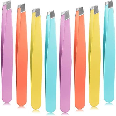 16 Pieces Slanted Tweezers, Eyebrow Slanted Tip Tweezers Precision Stainless Steel Eyebrow Tweezers for Eyebrows, Ingrown Hair, Facial Hair and Lash Extension (Orange, Purple, Blue, Yellow)