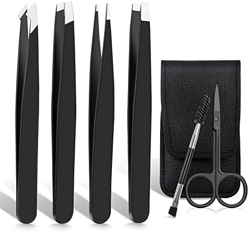 AMMON Professional Tweezers Set 6 Pcs Stainless Steel Tweezers for Eyebrows Tweezers for Woman Men Precision Tweezers Set with Travel Case for Ingrown and fine Hair Removal Splinter Blackhead Remover
