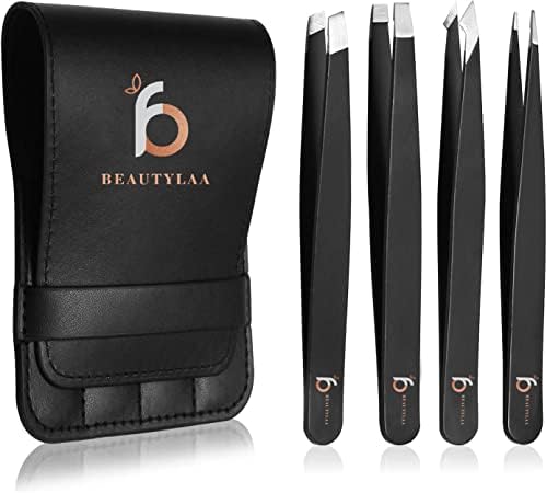 Beautylaa Tweezers for Men and Women Professional Anti-Rust Stainless Steel Tweezer with Travel Case for Eyebrows and Facial Hair Precision Sharp Splinter Tweezer for Ingrown Hair Removal 4 Pack