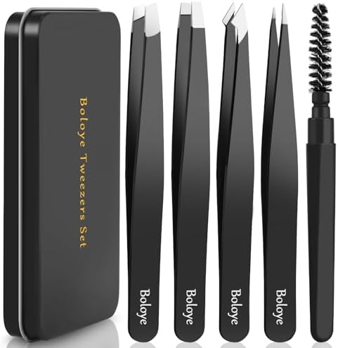 Boloye Tweezer Set, 4Pcs Eyebrow Tweezers and an Eyebrow Brush with an Metal Case, Professional Stainless Steel for Men & Women, Precision for Facial Hair, Splinter and Ingrown Hair Removal