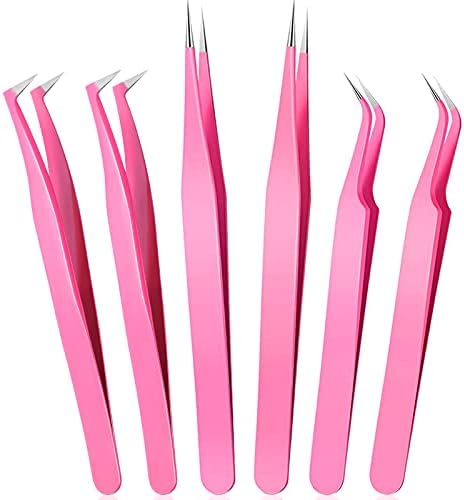 6 Pcs Lash Tweezers Eyelash Extension Tweezers, Stainless Steel Straight Tip Tweezers Curved Tip Tweezers Individual Volume Eyelash Tweezers Isolation Tweezers False Lash Application Tools (Pink)