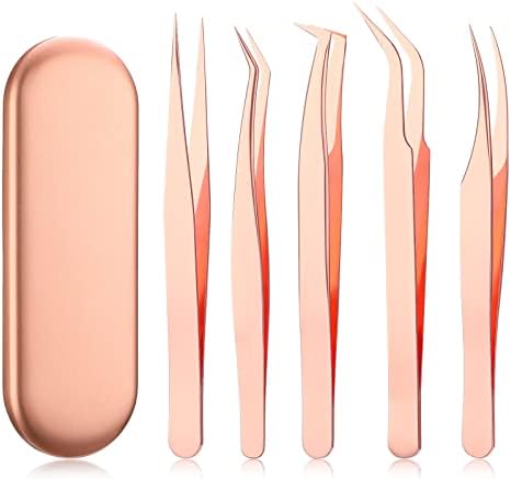 Chumia 5 Pcs Eyelash Tweezers Eyelash Extension Tweezers Lash Volume Tools with Box Stainless Steel Extensions Lash Tweezers Pointed Lash Tweezers Set for Eyelash Extension Skilled(Rose Gold)