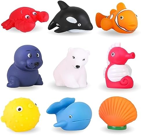 XY-WQ Mold Free Bath Toys No Hole, for Infants 6-12& Toddlers 1-3, No Hole No Mold Bathtub Toys (Sea Animals, 9 Pcs with Mesh Bag)