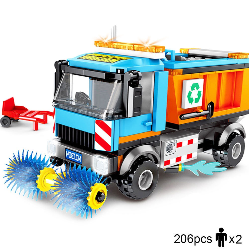 City Town Building Block City Great Vehicles Municipal Car Garbage Truck Light Repair Truck Road Sweeper Sprinkler Bricks Toy