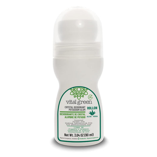 Vital Green Roll On Deodorant of Potassium Alum with Aloe Vera - For sensitive skin - Eliminates bad odor and does not stain - 3.04 Fl Oz / 90 ml (1 Unit)