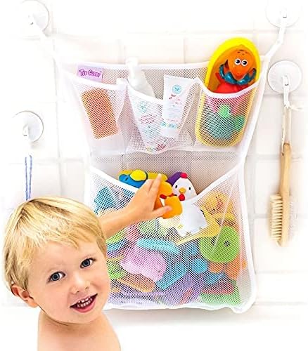 Tub Cubby Original Bath Toy Storage Organizer - With Suction Cup & Adhesive Hooks, 14"x20" Mesh Net Shower Caddy for Kids Bathroom Decor, Bedroom & Car Toy Organizer - Bonus Hooks