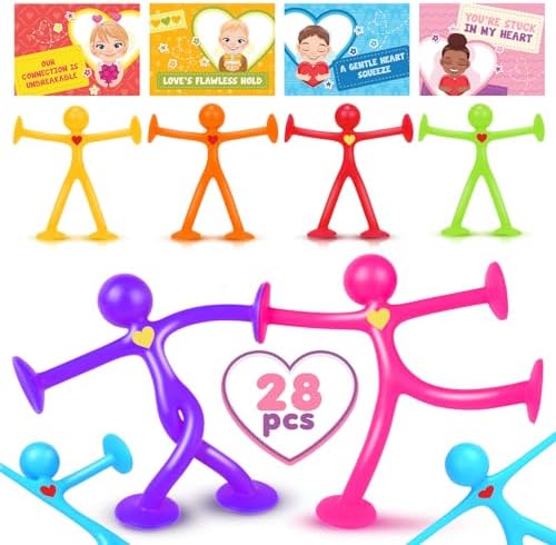 Valentines Day Cards for Kids Classroom: 28 Pack Valentines Day Gifts Cards for Kids, Suction Toys for Kids Valentine's Classroom Exchange Prizes, Valentine Greeting Cards, Valentine's Party Favors
