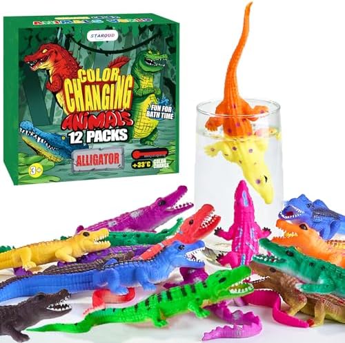 Color Changing Mold Free Bath Toys for Toddlers Kids, Color Change Alligator Toy Reptile Animal Toys (12 Pack), 6'' Stretchy Rubber Animals Crocodile Toy Water Table Toys Reptile Party Favors