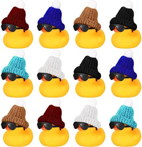 Chivao 12 Pcs Mini Rubber Ducks with Sunglasses/ Glasses and Hats/ Necklace, Cruise Rubber Ducks in Bulk Valentine's Day Gift Small Duck Bathtub Toy for Hiding Party Favor(Yellow, Cute Style)