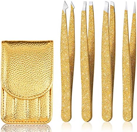 Tweezers Set 4-piece,Professional Stainless Steel Slant Tip and Pointed Craft Tweezers with Leather Case-Precision for Eyebrows,Ingrown Hair,Facial Hair,Blackhead and Lash Extension (Gold)