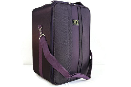 Adolfo Design Large Wig Travel Box with Top Handle, Shoulder Strap & Double Zipper, Carrying Case with Removable Head-Holding Base -Black & Purple