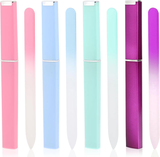 4 Pack Glass Nail File with Case Glass Fingernail File Double Sided Etched Crystal Surface Professional Manicure Tool Glass File Stuffers for Women Natural or Fake Nail Care (Color B)
