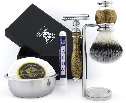 Classic Old-School Men's Shaving Set >Synthetic Brush, DE Safety (Blades NOT Included), Dual Stand, Engraved Bowl & Soap