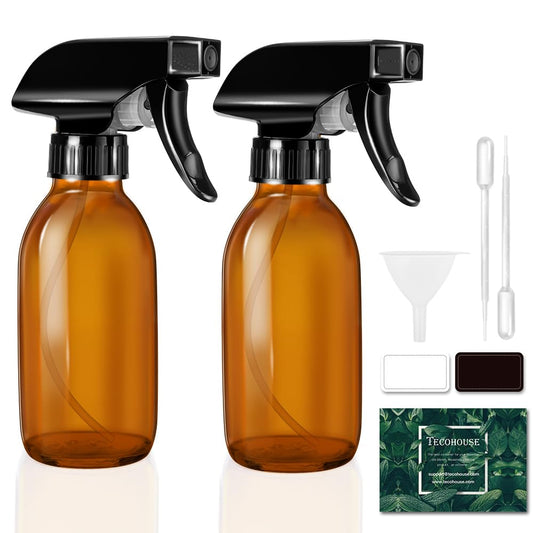 Tecohouse Glass Spray Bottles 4 OZ, Amber Empty Spray Bottle for Essential Oils, Small Glass Bottles for Cleaning Solutions, Plants, with Durable Nozzle, Labels, Funnel, Pipettes