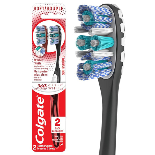 Colgate 360 Optic White Advanced Whitening Toothbrush, Adult Soft Toothbrush with Whitening Cups, Helps Whiten Teeth and Removes Odor Causing Bacteria, 2 Pack
