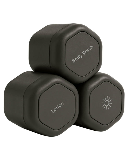 Cadence Travel Containers - Body Care Capsule Set - Magnetic Travel Capsules - For Body Wash, Lotions, Sunscreens - 3 Flex Mediums (1.32oz) with Body Wash, Lotion, & Sun Icon Labels - Charcoal