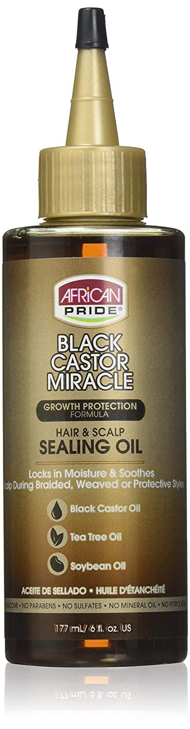 African Pride Black Castor Miracle Hair & Scalp Sealing Oil - Locks in Moisture & Soothes, Contains Black Castor/Tea Tree/Soybean Oil, 6 oz
