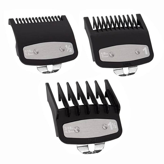 3 Pack Clipper Guards Premium Compatible with Wahl Hair Clippers Trimmers with Metal Clip - 3 Cutting Lengths is 1 1/2Ó _1/2Ó and 1Ó(1.5_3_,4.5 mm) Fits Most Size Wahl Clippers Guide Combs_Black