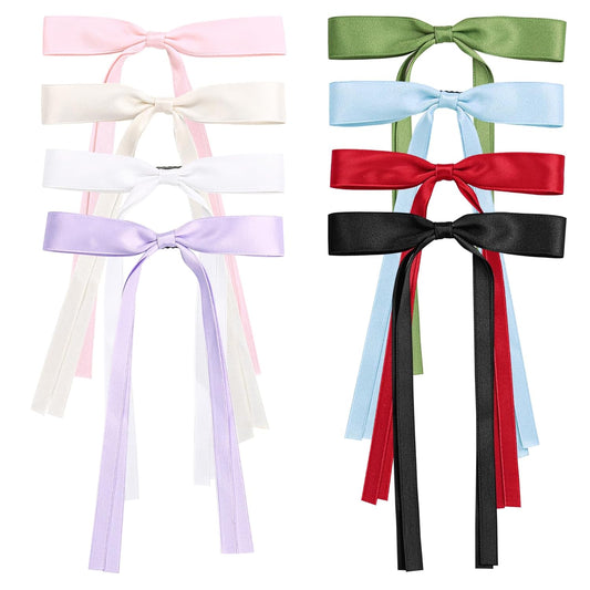8PCS Ribbon Bows knot Hair Clips for Women Girls, Silky Satin Tassel Barrettes With Long Tail, Cute Ponytail Holder Hair Styling Accessories (8 colors Light)
