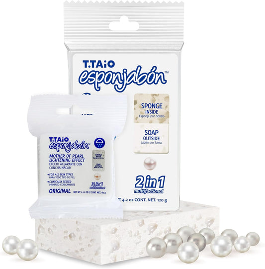 T.Taio Esponjabon Mother of Pearl Soap Sponge - Refreshing Shower Scrubber for Bath Wash & Oil Removal - Bathroom Necessities with Invigorating Scents - Mini Pearl Included