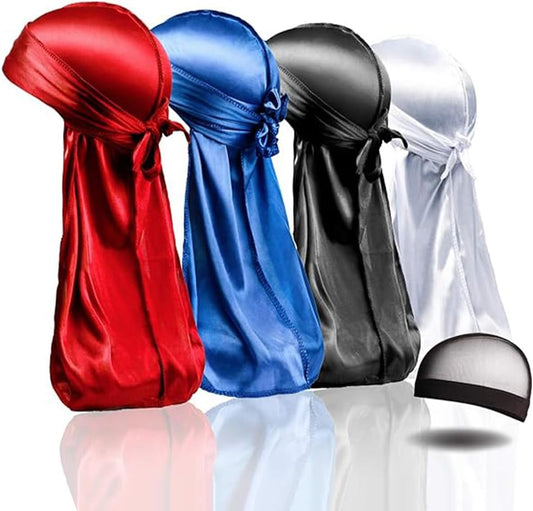 4PCS Silky Durags, Silk Durag for Men Women Waves, Silk Durag Pack with 1 Wave Cap, Silky Satin Durag Extra Long Tails