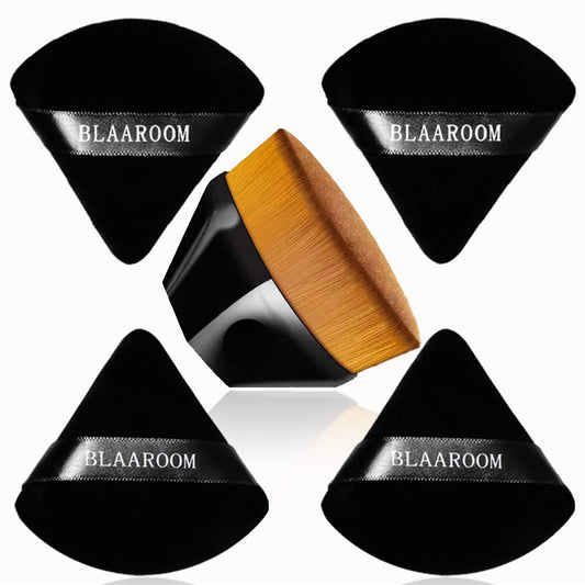 4+1 Pieces Powder Puff Face Makeup Pure Velour Soft Triangle Powder Puffs and Kabuki Foundation Brush for Loose Mineral Powder Body Powder Wet Dry Cosmetic Foundation Sponge Makeup Tool - Black