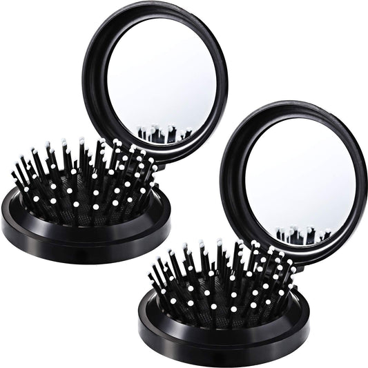 2 Pack Foldable Travel Mirror Hair Brushes Round Portable Folding Pocket Hair Brush Mini Hair Comb Compact Travel Size Hair Massage Comb for Men Women and Girls