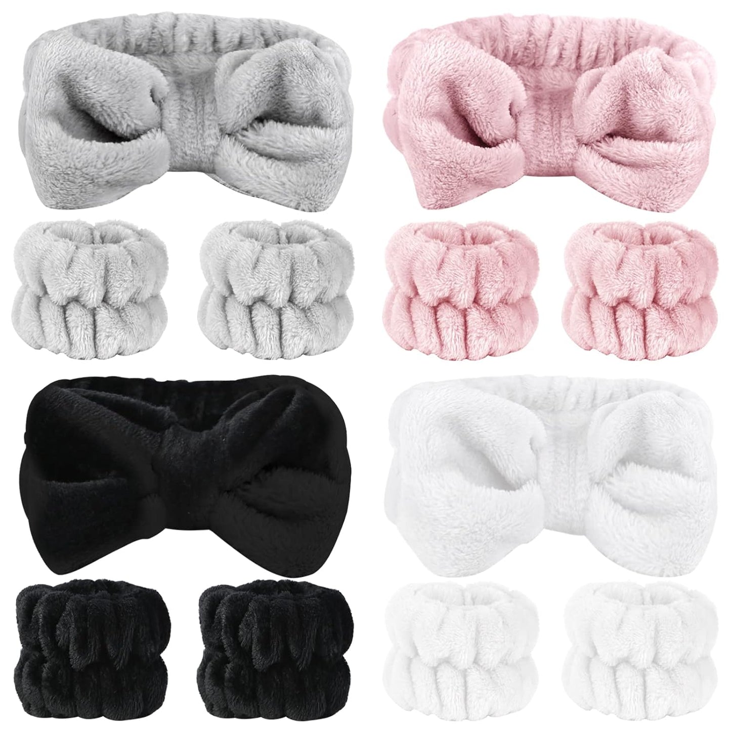 SLNZAPTY 12 PCS Face Wash Headband Wristband Set for Women Girls, Soft Microfiber Facial Spa Hair Wraps Makeup Skincare Bath Headbands Wrist Bands for Washing Face_White, Pink, Gray, Black_