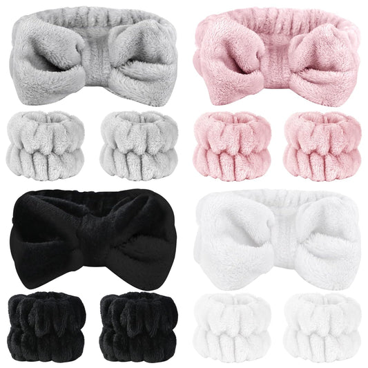 SLNZAPTY 12 PCS Face Wash Headband Wristband Set for Women Girls, Soft Microfiber Facial Spa Hair Wraps Makeup Skincare Bath Headbands Wrist Bands for Washing Face_White, Pink, Gray, Black_