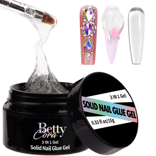 Solid Nail Glue Gel - BettyCora 5 in 1 Gel Nail Glue for Nail Tips Rhinestone Gel Glue for Nails 3D Sculpture Gel,15ML Super Strong Solid Nail Glue for Press On Nails, UV LED Lamp Needed