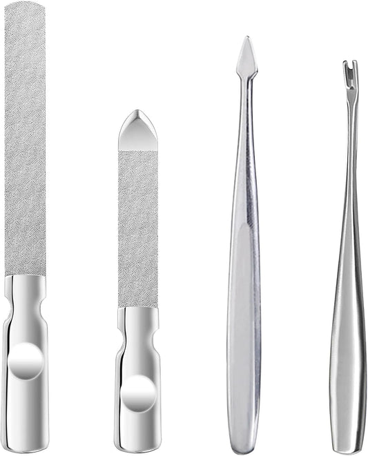 4 pcs Stainless Steel Nail Files，Metal Nail File，Professional Double Sided Nail File with Anti-Slip Handle ，Great for Home Salon or Travel Use ，Reusable Mini Nail File for Natural Nails Manicure Tools