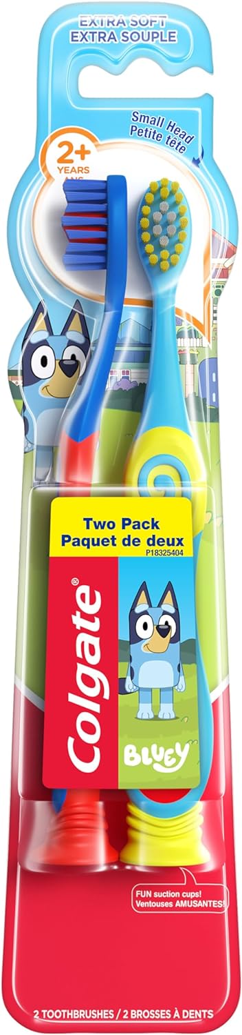 Colgate Bluey Extra Soft Toothbrush for Kids, Kids Toothbrush Pack with Built in Suction Cup Toothbrush Holder, Designed for Children Ages 2 and Up, Extra Soft Bristles, 2 Pack