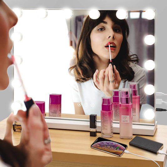 AmazeFan Large Vanity Mirror with Lights, Hollywood Lighted Makeup Mirror with 14 Dimmable LED Bulbs for Dressing Room & Bedroom, Detachable 10X Magnification Spot Mirror (White)