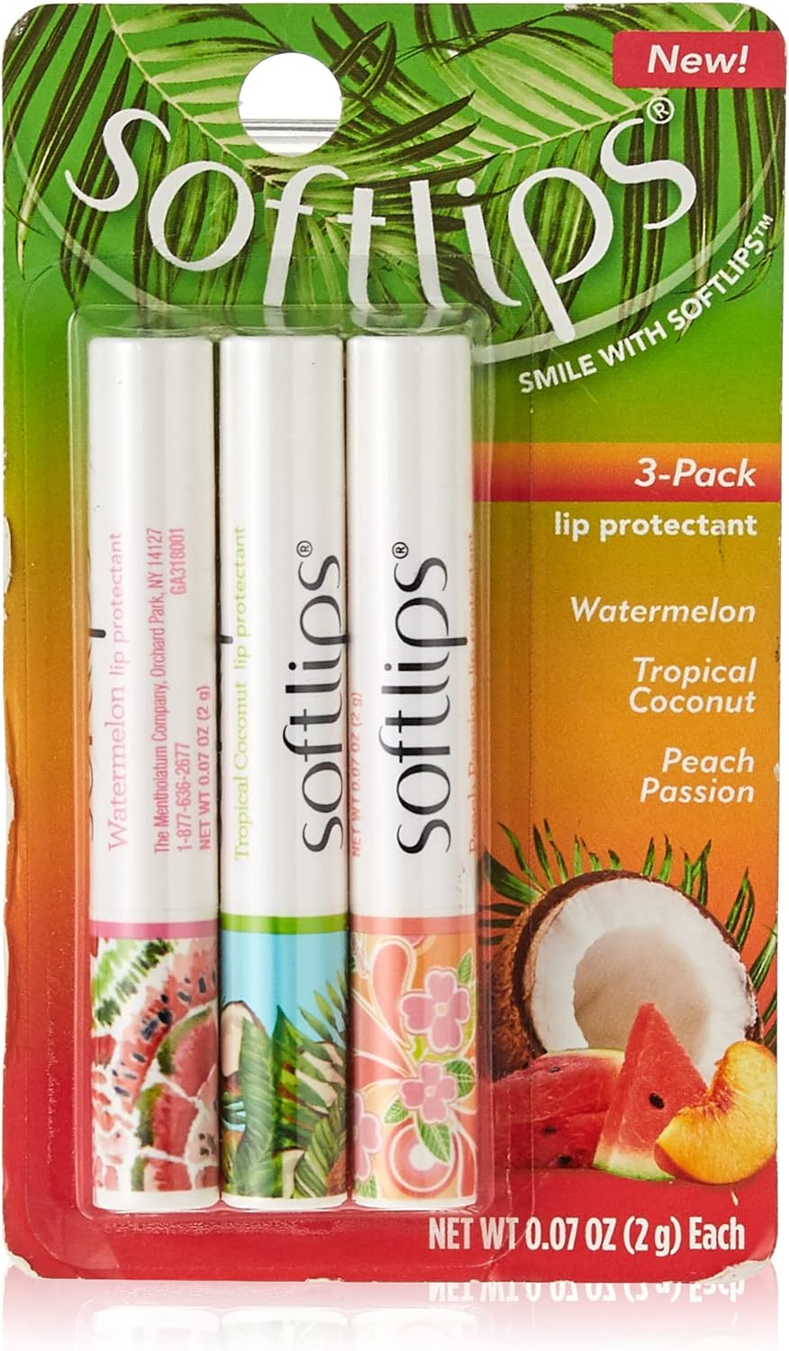 Softlips Limited Edition Tropical Flavors Set: Peach Passion, Tropical Coconut, Watermelon (3 Sticks)