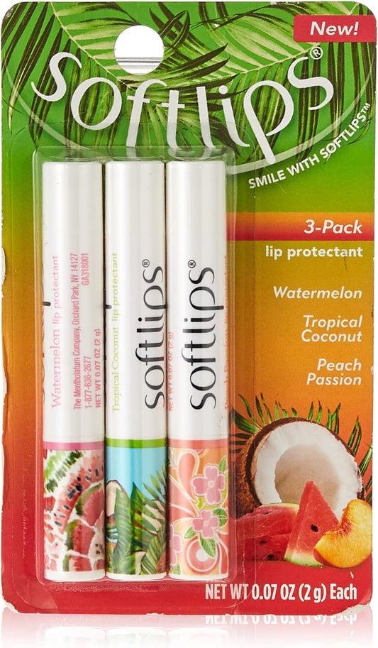 Softlips Limited Edition Tropical Flavors Set: Peach Passion, Tropical Coconut, Watermelon (3 Sticks)