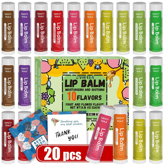 Yopela 20 Pack Natural Lip Balm Bulk with Vitamin E and Coconut Oil Valentine's Day Gift - Moisturizing, Soothing, and Repairing Dry and Chapped Lips - 10 Flavors - Non-GMO