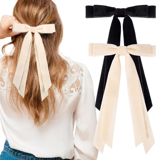 2PCS Velvet Hair Bows Ribbon Hair Clip Black Beige Accessories Ponytail Holder Accessories Slides Metal Clips Hair Bow for Women Girls Toddlers Teens Kids